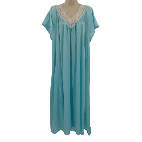 VTG Womens Extra Large XL Blue White Floral Trim V Neck Nightgown Sleep Dress - Picture 1 of 10